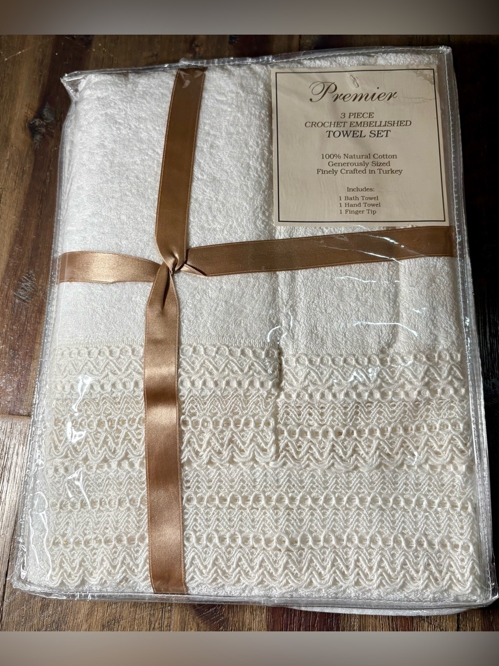 NWT Premier 3-Piece Crochet Embellished Towel Set White 100% Natural Cotton